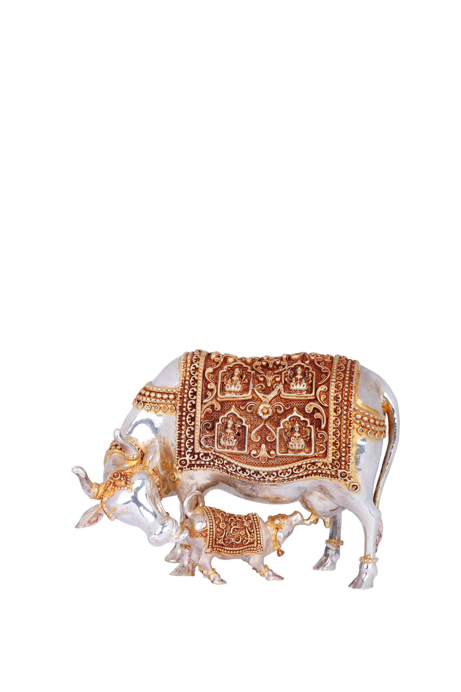 Divine Kamadhenu & Calf Silver Sculpture – Gemstone-Embellished Sacred Cow (1,030g, L:9″ H:6″)