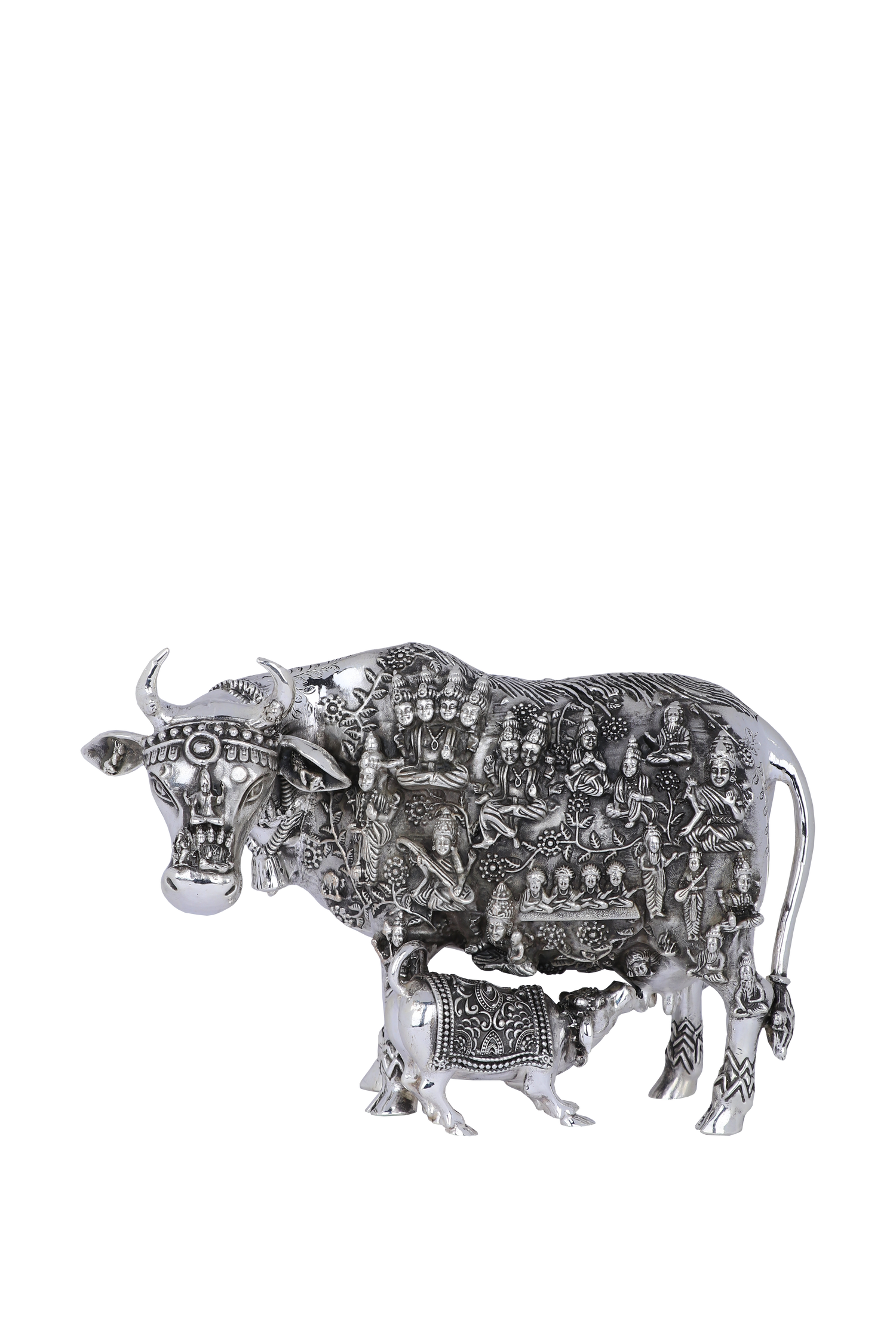 Celestial Multideity Kamadhenu & Calf Sculpture – Monumental Silver Masterpiece (1,474g, H:6.2″ W:9.5″)