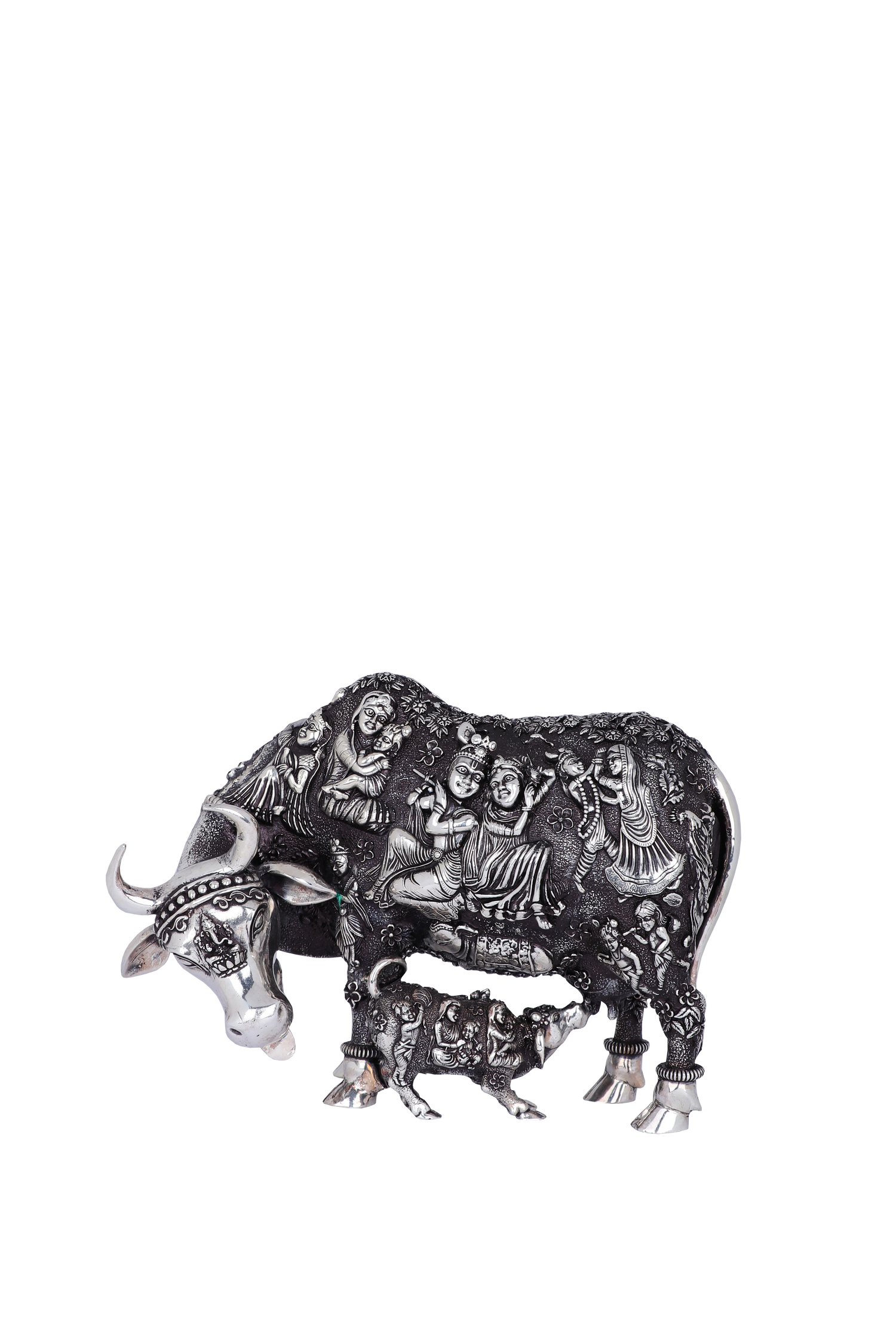 Celestial Radha-Krishna Nakashi Cow & Calf Sculpture – Divine Pastoral Tableau (335g, 3"x4.6")