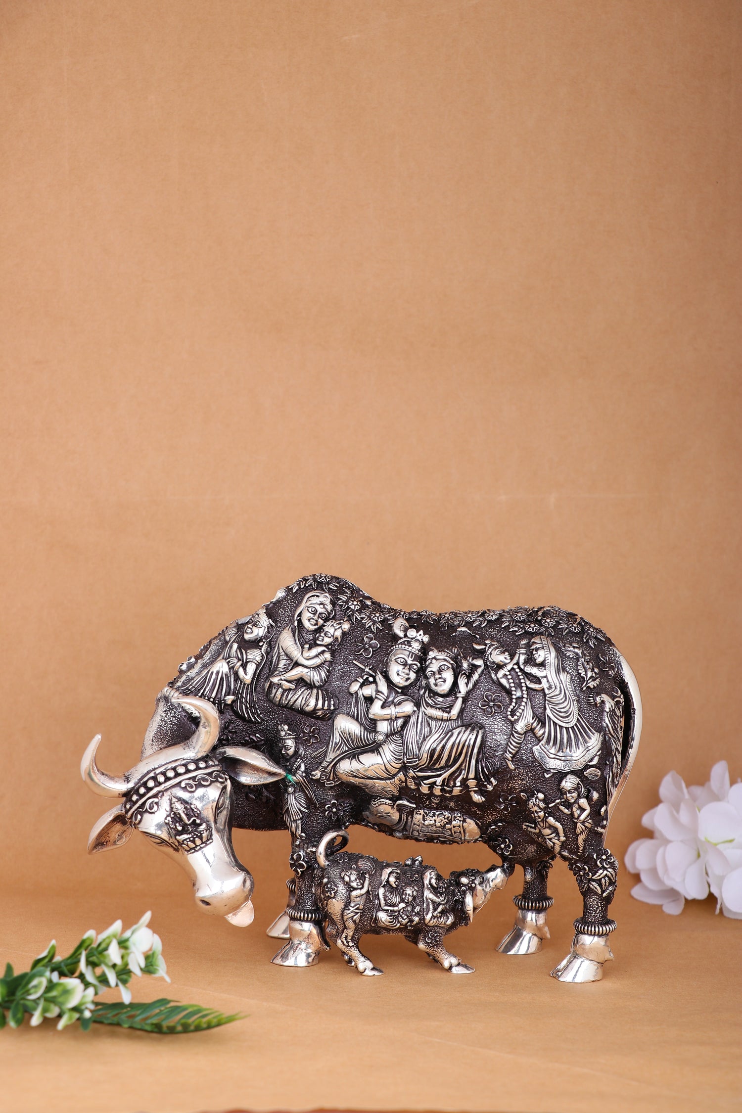 Celestial Radha-Krishna Nakashi Cow & Calf Sculpture – Divine Pastoral Tableau (335g, 3"x4.6")