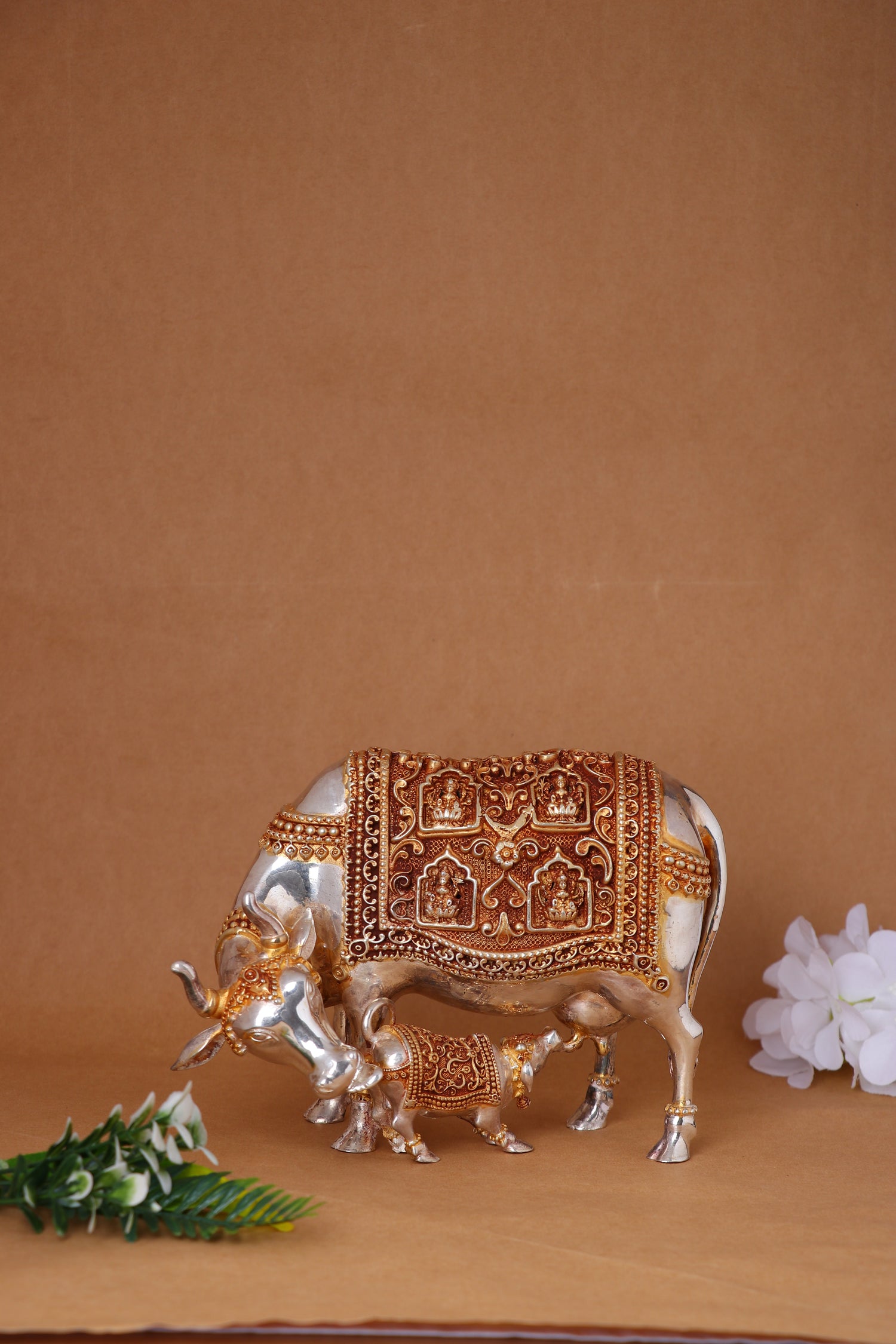 Divine Kamadhenu & Calf Silver Sculpture – Gemstone-Embellished Sacred Cow (1,030g, L:9″ H:6″)