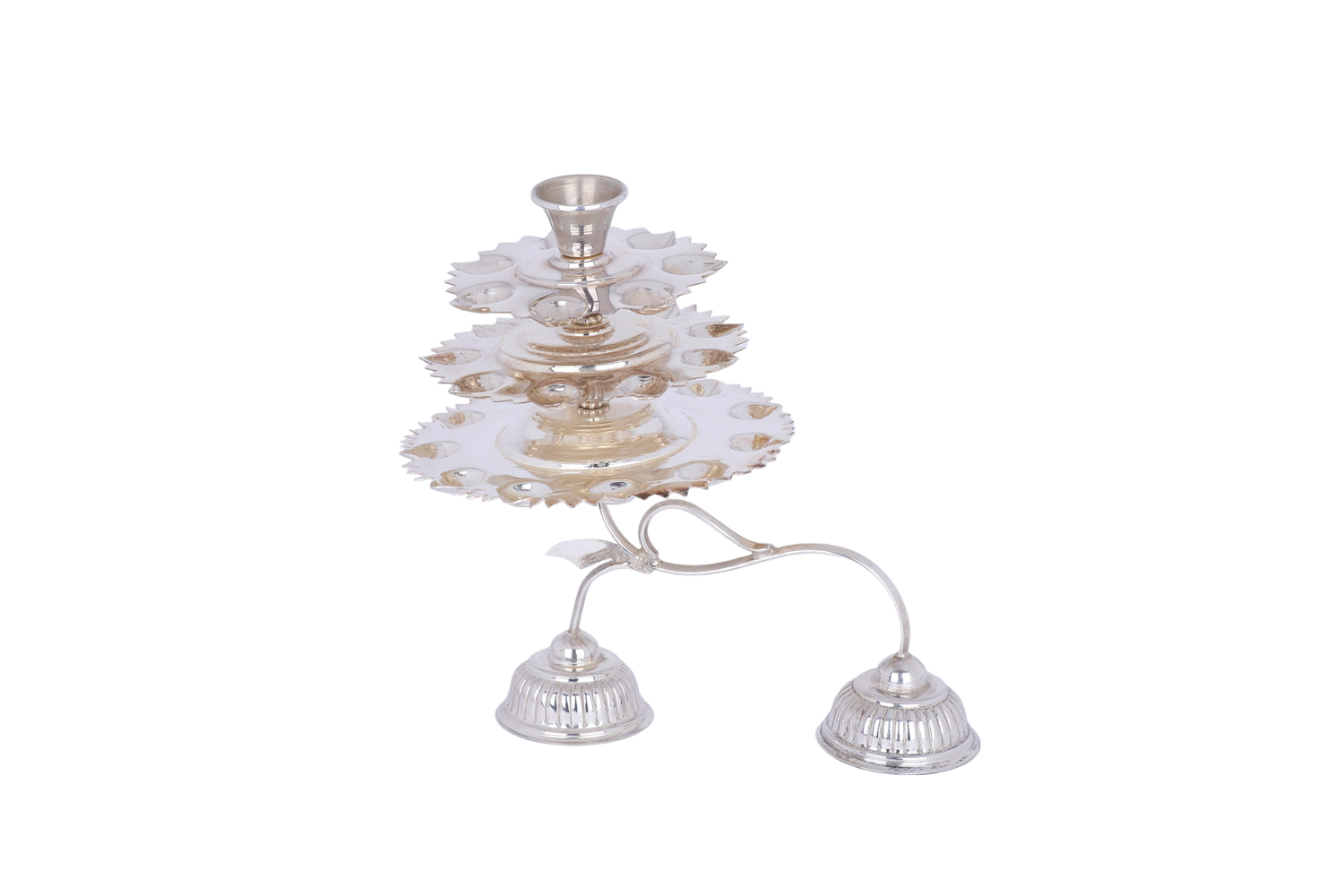 Silver candle holder with three small bells on a white background