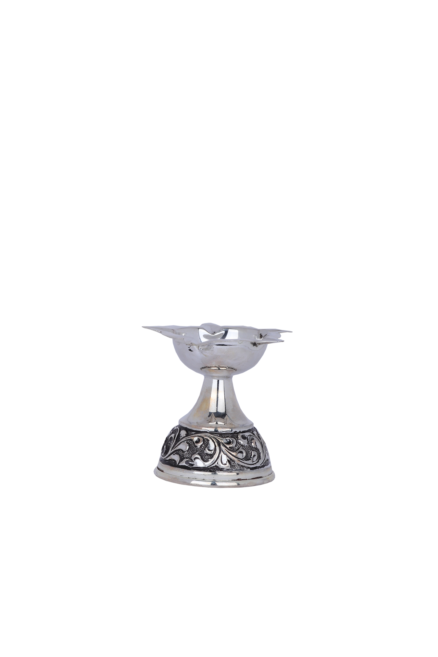 Regal Handcrafted Silver Diya – Ornate Floral Pedestal Oil Lamp