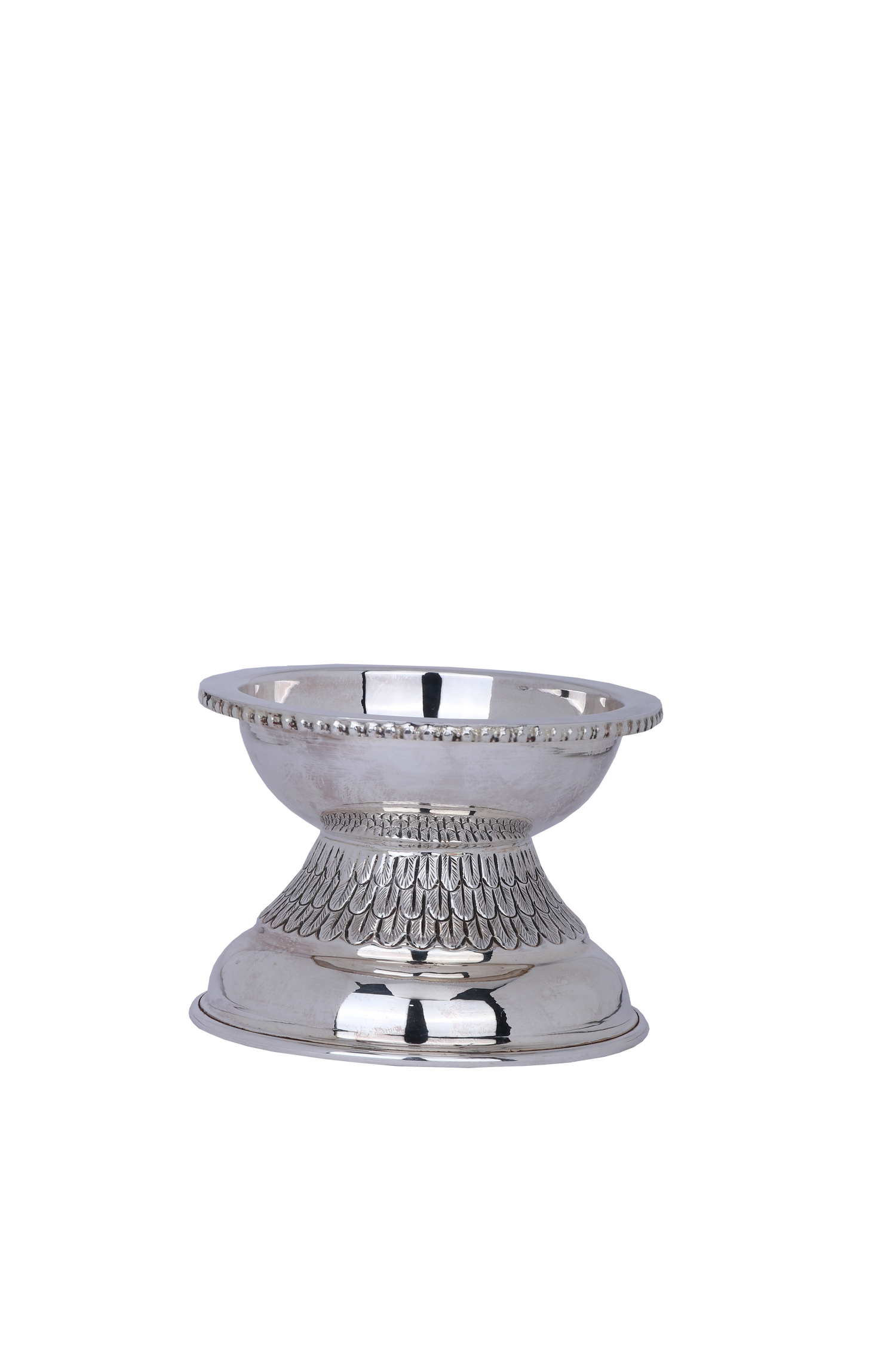 Pure 925 Silver Deepam – 285g Leaf Pattern Oil Lamp for Pooja