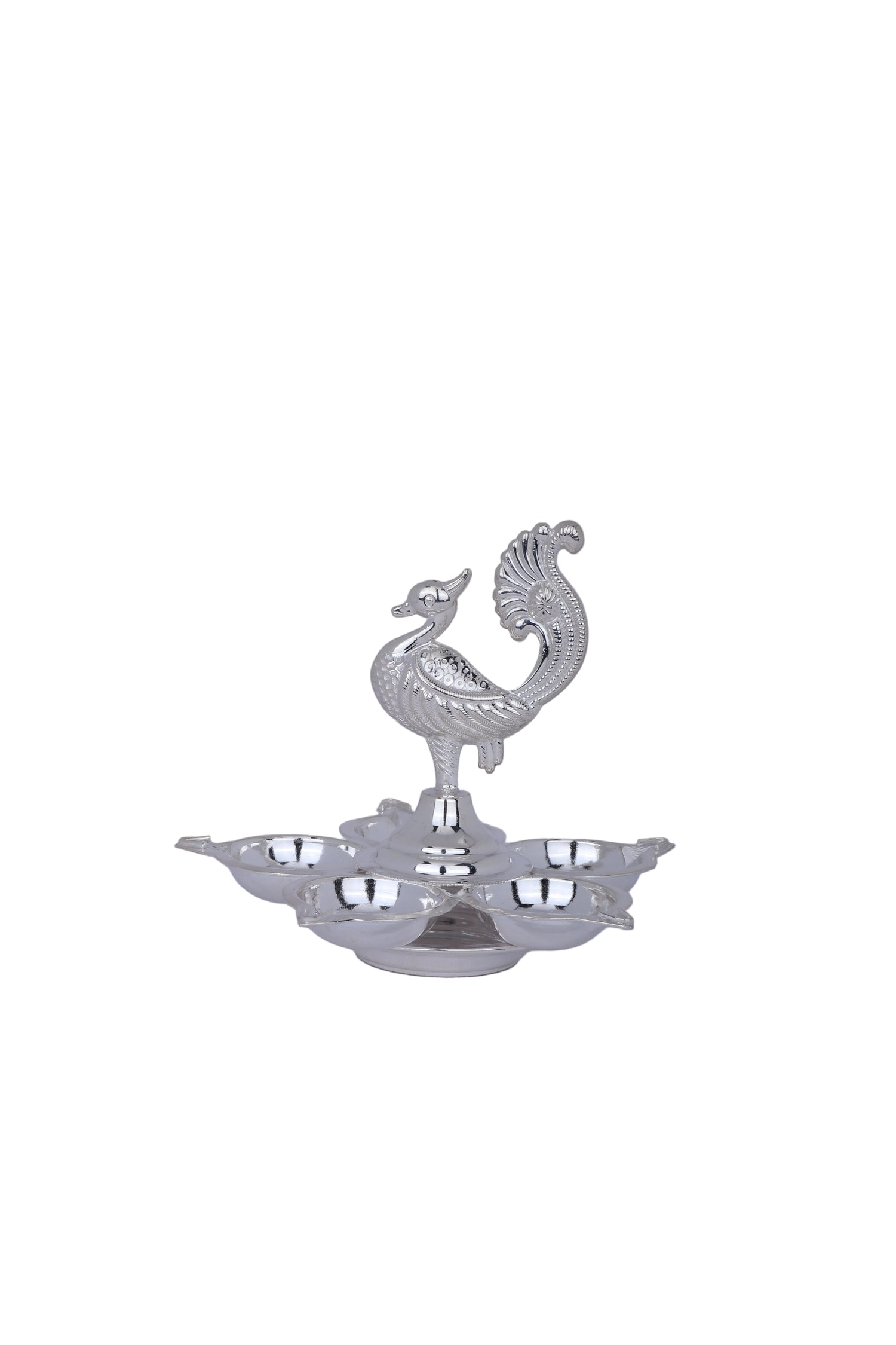 Exquisite Handcrafted Silver Peacock Thali – Six-Dish Serving & Diya Ensemble
