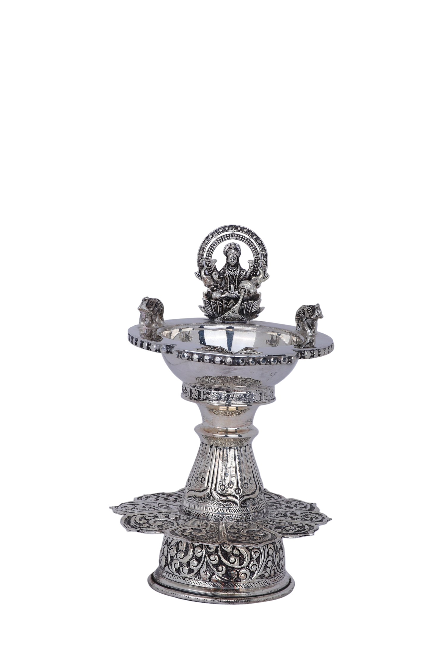 Premium Silver Lakshmi Deepa Stand | Buy Temple Oil Lamp with Elephant Heads Online (393g)