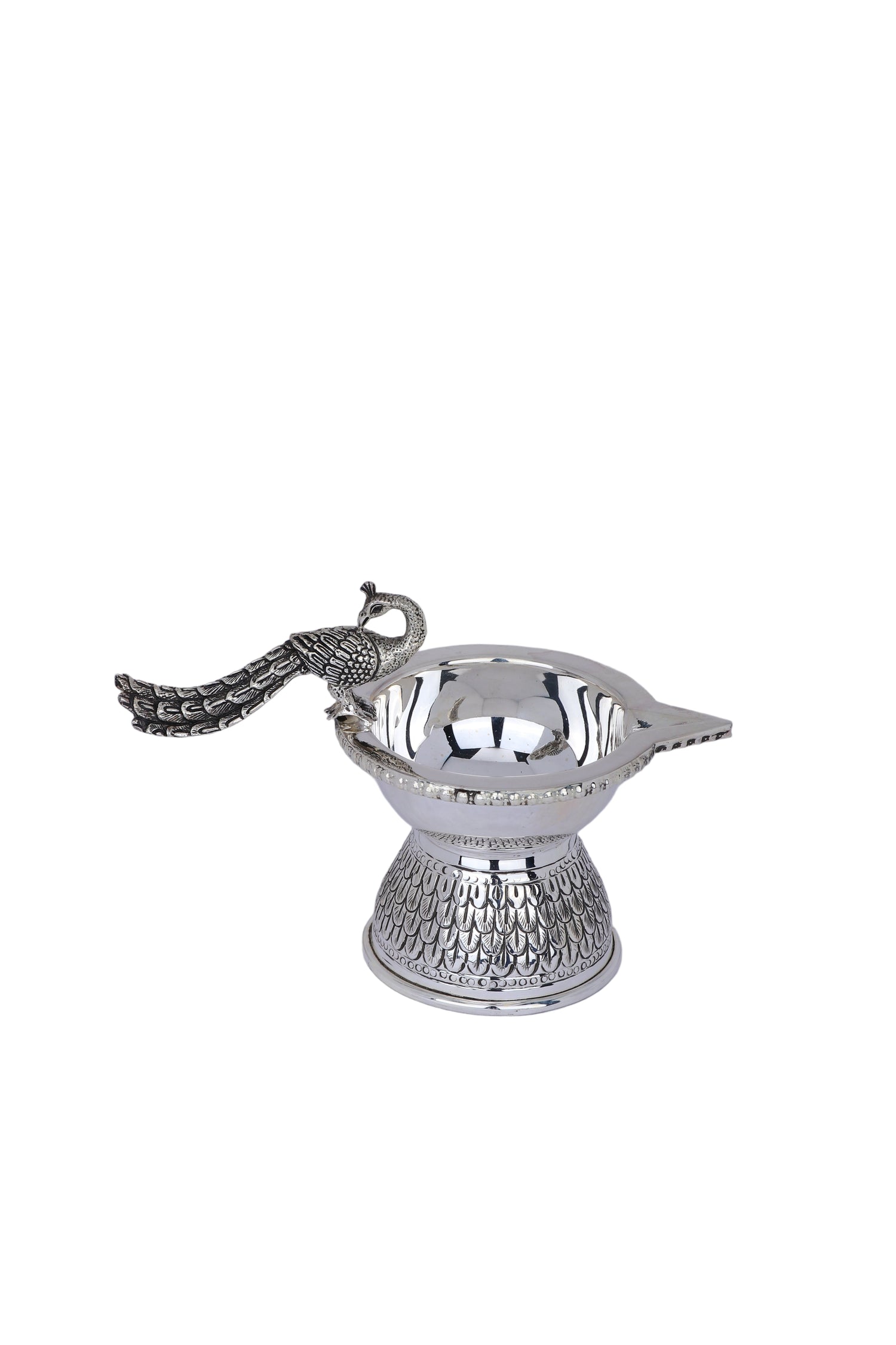 Majestic Handcrafted Silver Peacock Pooja Deepam – Opulent Temple Oil Lamp