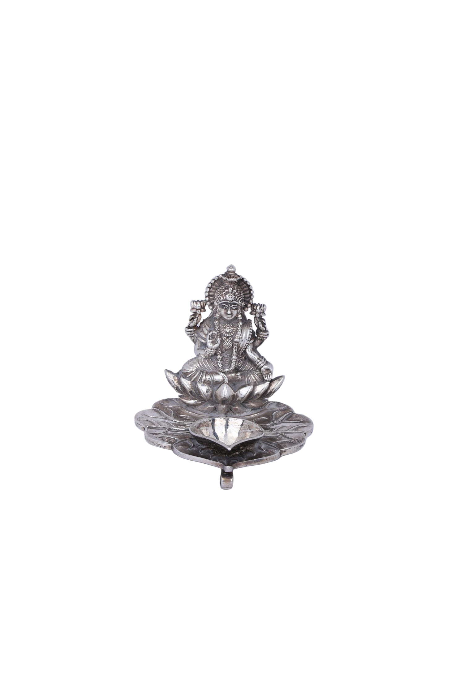 Majestic Handcrafted Silver Lakshmi Pooja Deepam - Sacred Lotus Diya with Divine Blessing