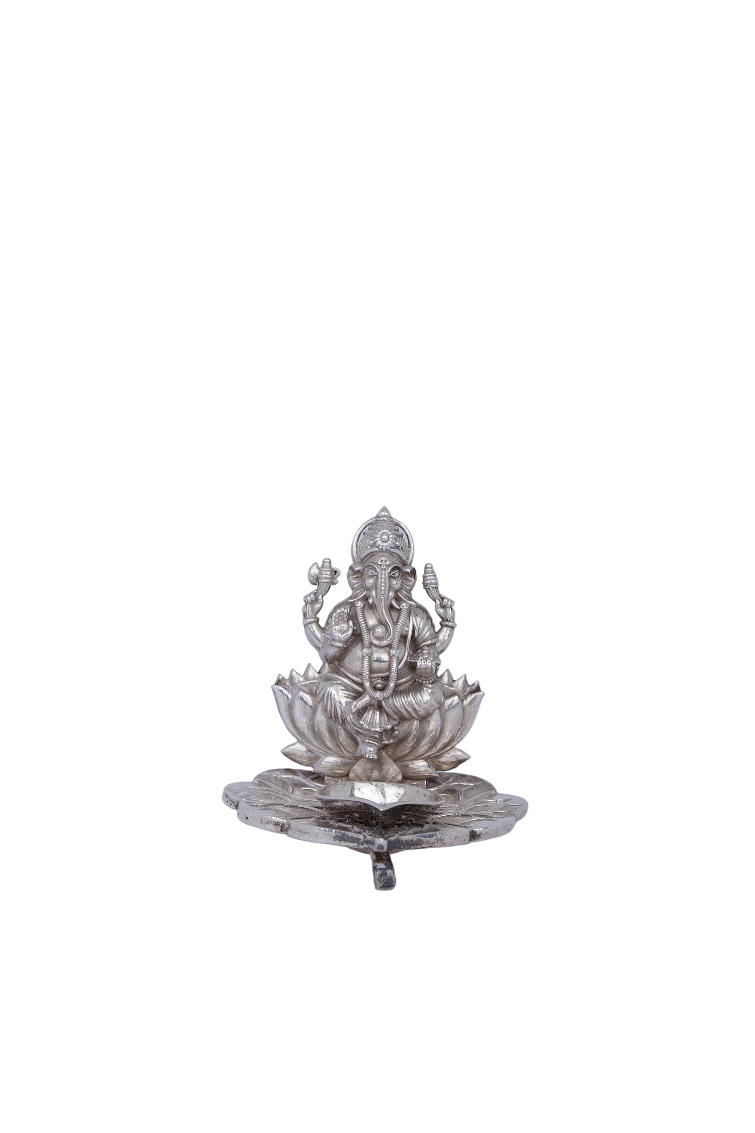 Majestic Handcrafted Silver Ganesha Pooja Deepam - Sacred Lotus Diya with Divine Blessing