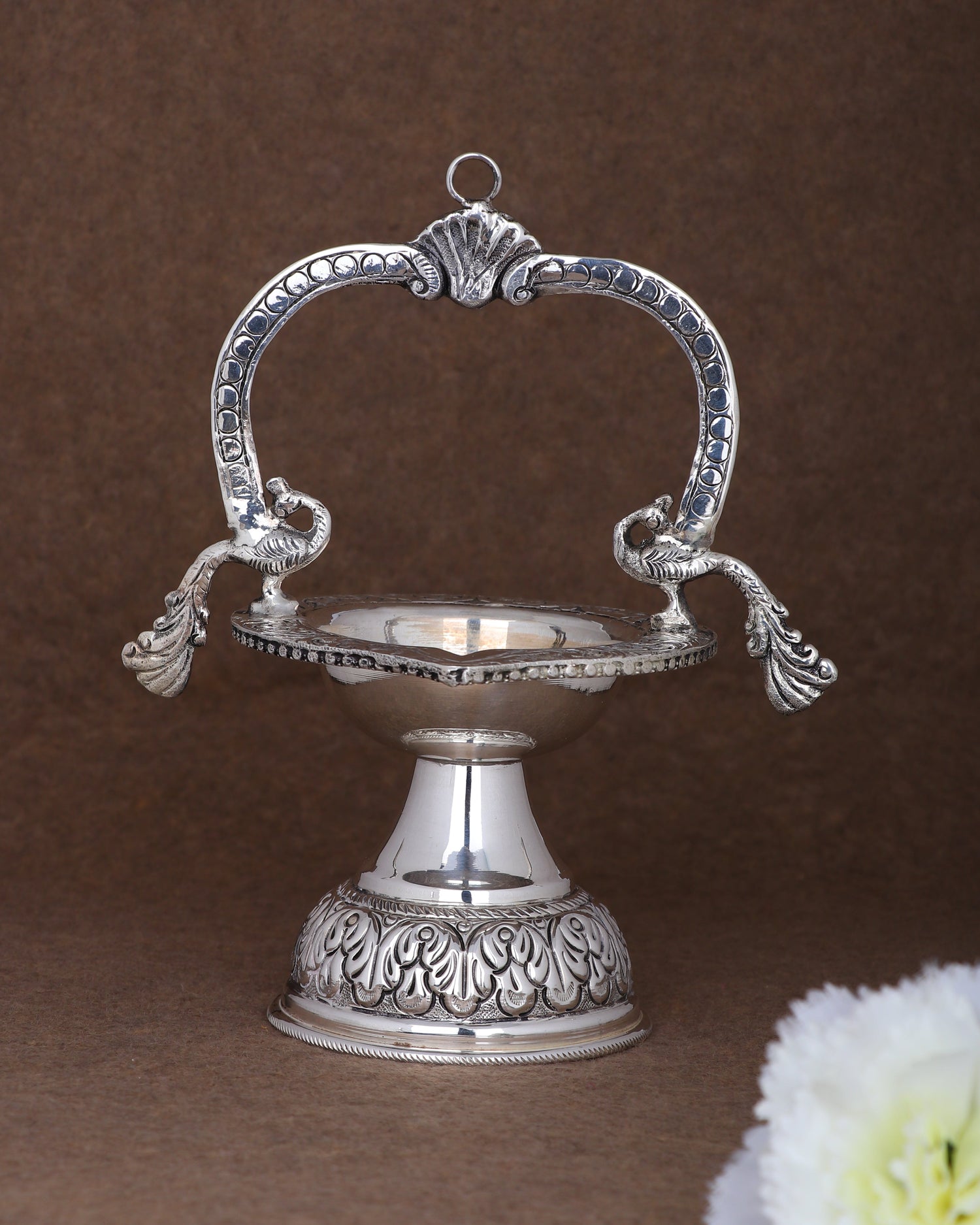 Buy Silver Swan Deepa | Premium Pedestal Temple Oil Lamp with Handle (243g)