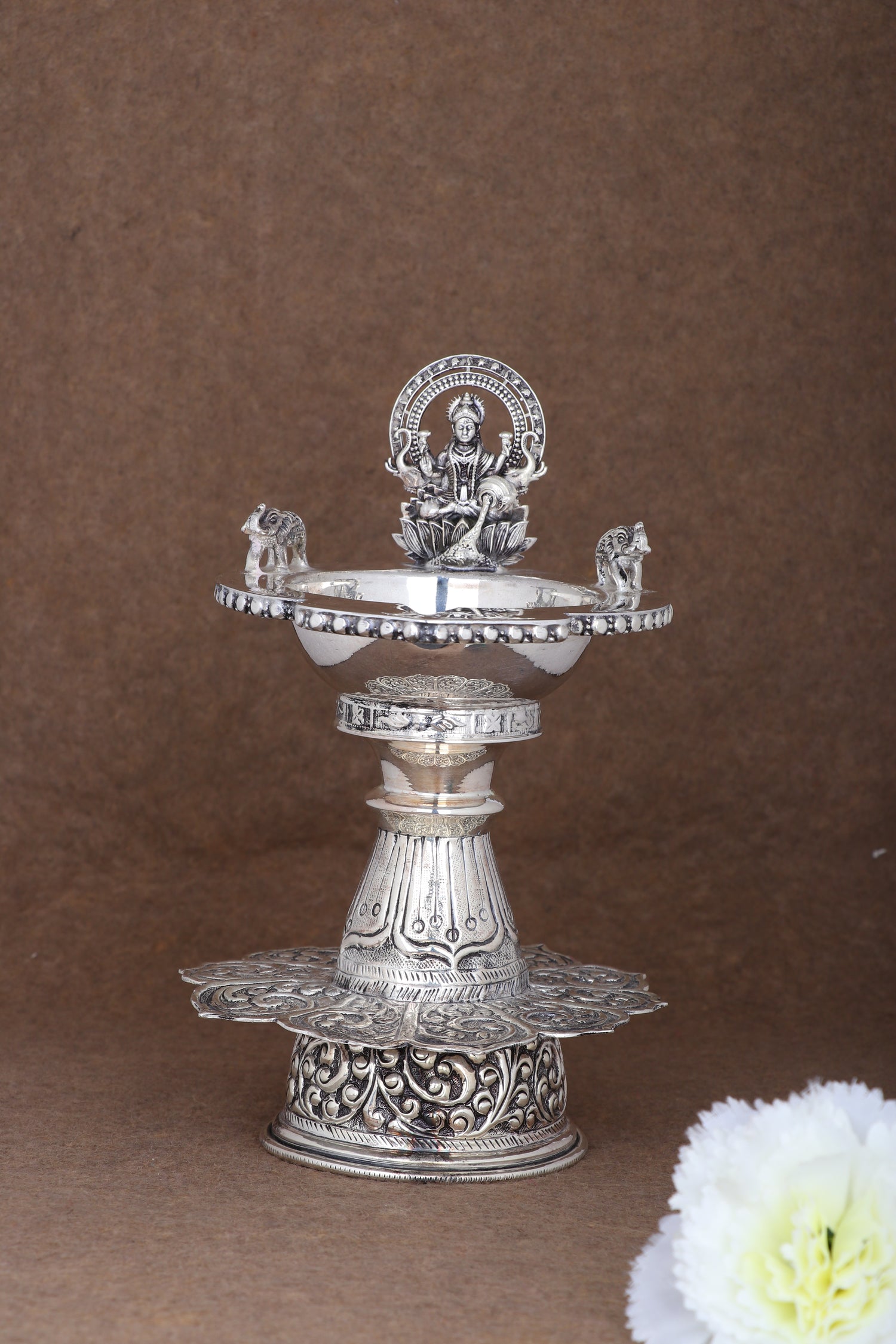 Premium Silver Lakshmi Deepa Stand | Buy Temple Oil Lamp with Elephant Heads Online (393g)
