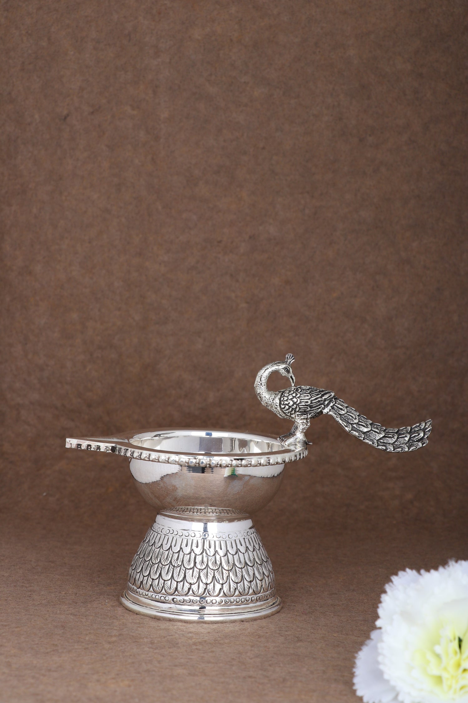 Majestic Handcrafted Silver Peacock Pooja Deepam – Opulent Temple Oil Lamp