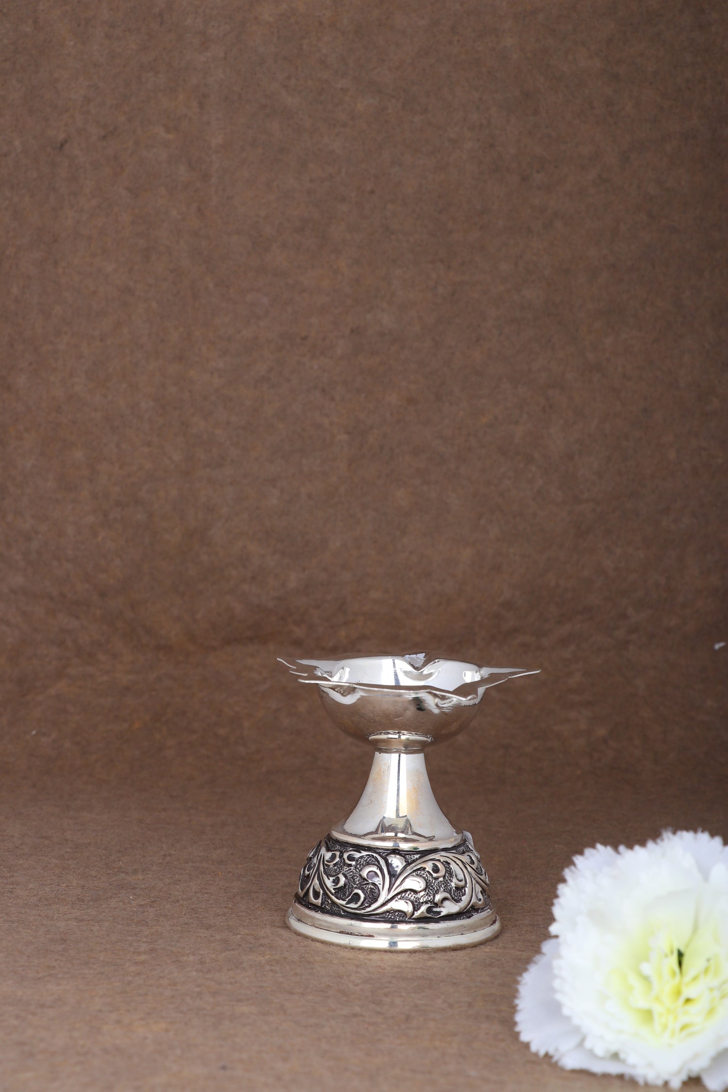 Regal Handcrafted Silver Diya – Ornate Floral Pedestal Oil Lamp