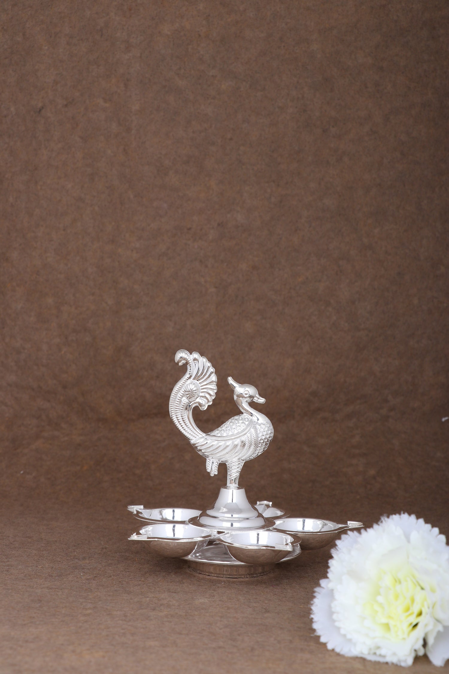 Exquisite Handcrafted Silver Peacock Thali – Six-Dish Serving & Diya Ensemble