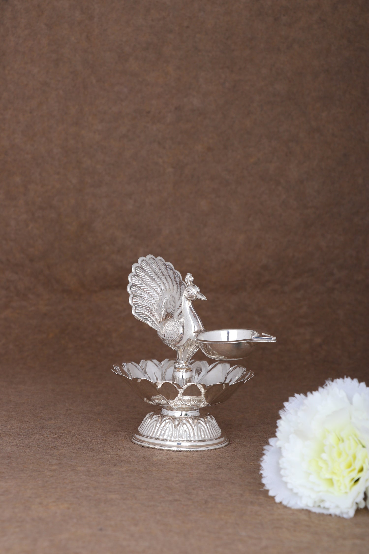 Pure 925 Silver Deepam – 123g Peacock Design Oil Lamp for Pooja