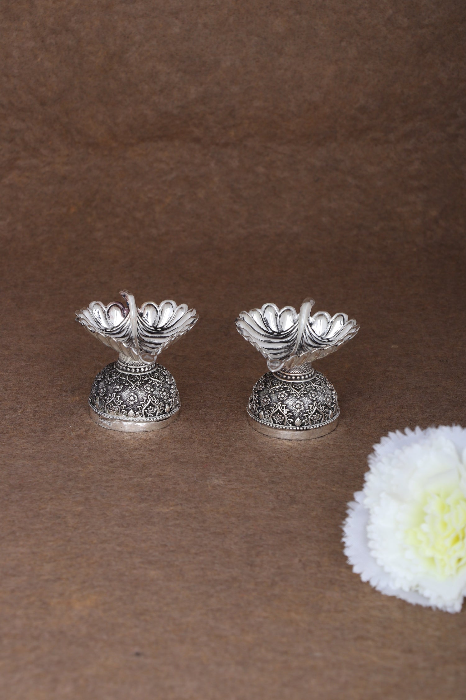 Pure 925 Silver Lotus Deepam Set – 93g Twin Oil Lamps for Pooja