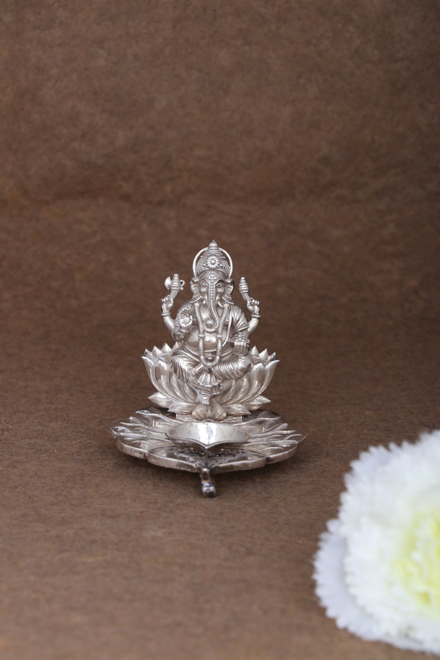 Majestic Handcrafted Silver Ganesha Pooja Deepam - Sacred Lotus Diya with Divine Blessing