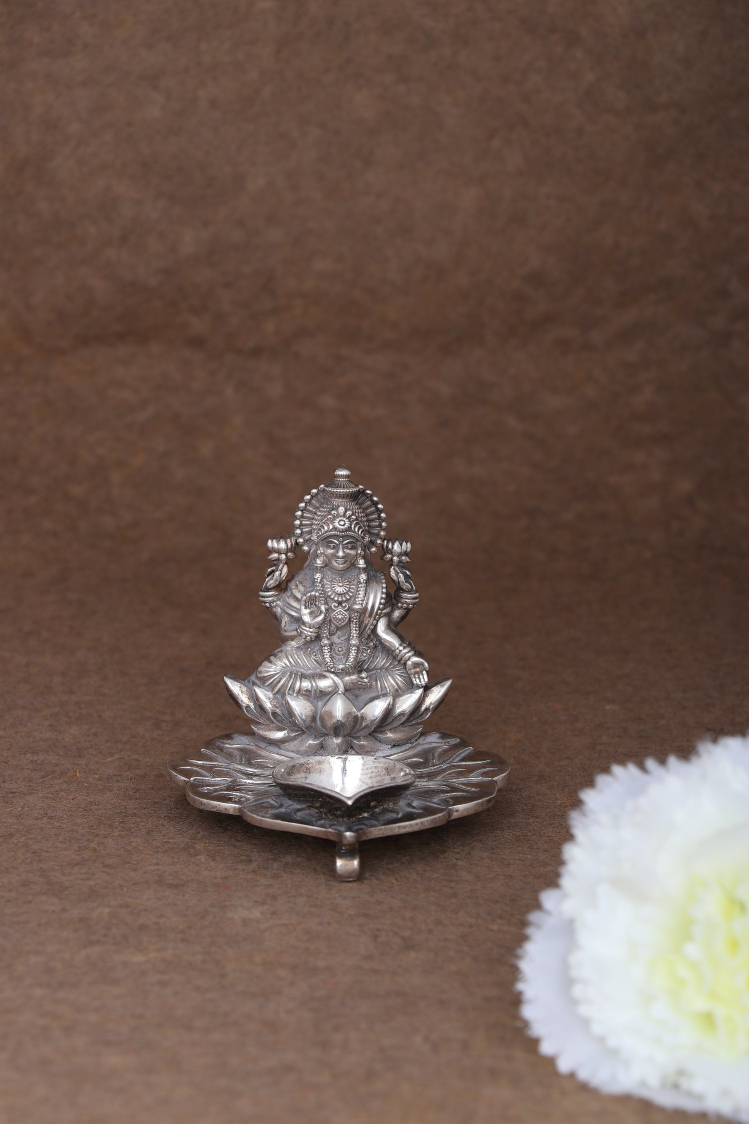 Majestic Handcrafted Silver Lakshmi Pooja Deepam - Sacred Lotus Diya with Divine Blessing