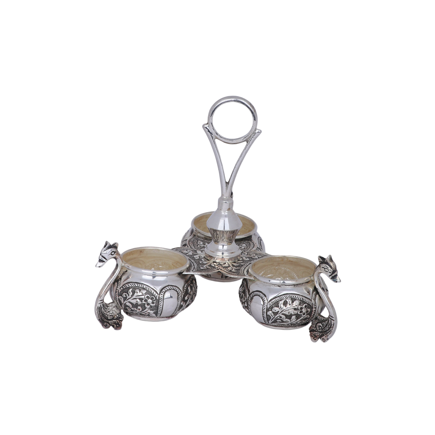 Buy Sterling Silver Peacock Double Deepa Stand – Premium Temple Oil Lamp with Handle (375g)