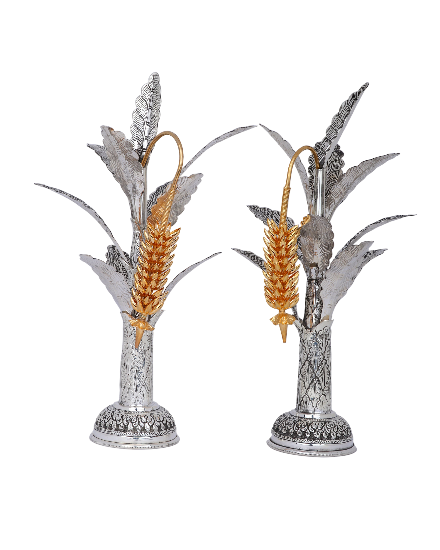 Twin Silver Ritual Kalpavriksha –  Leaf Worship Stands (654g, H:11.4″ W:2.7″)