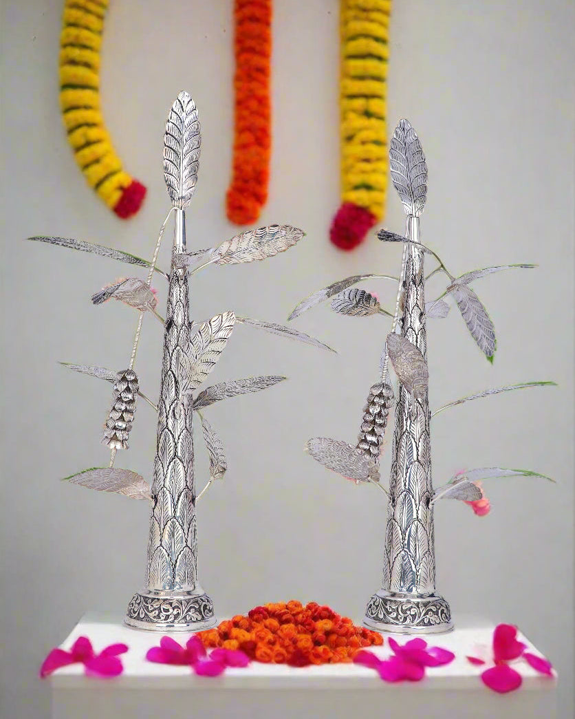 Divine Silver Banana Tree – Ritual Leaf & Bell Stand (812g, H:18″)