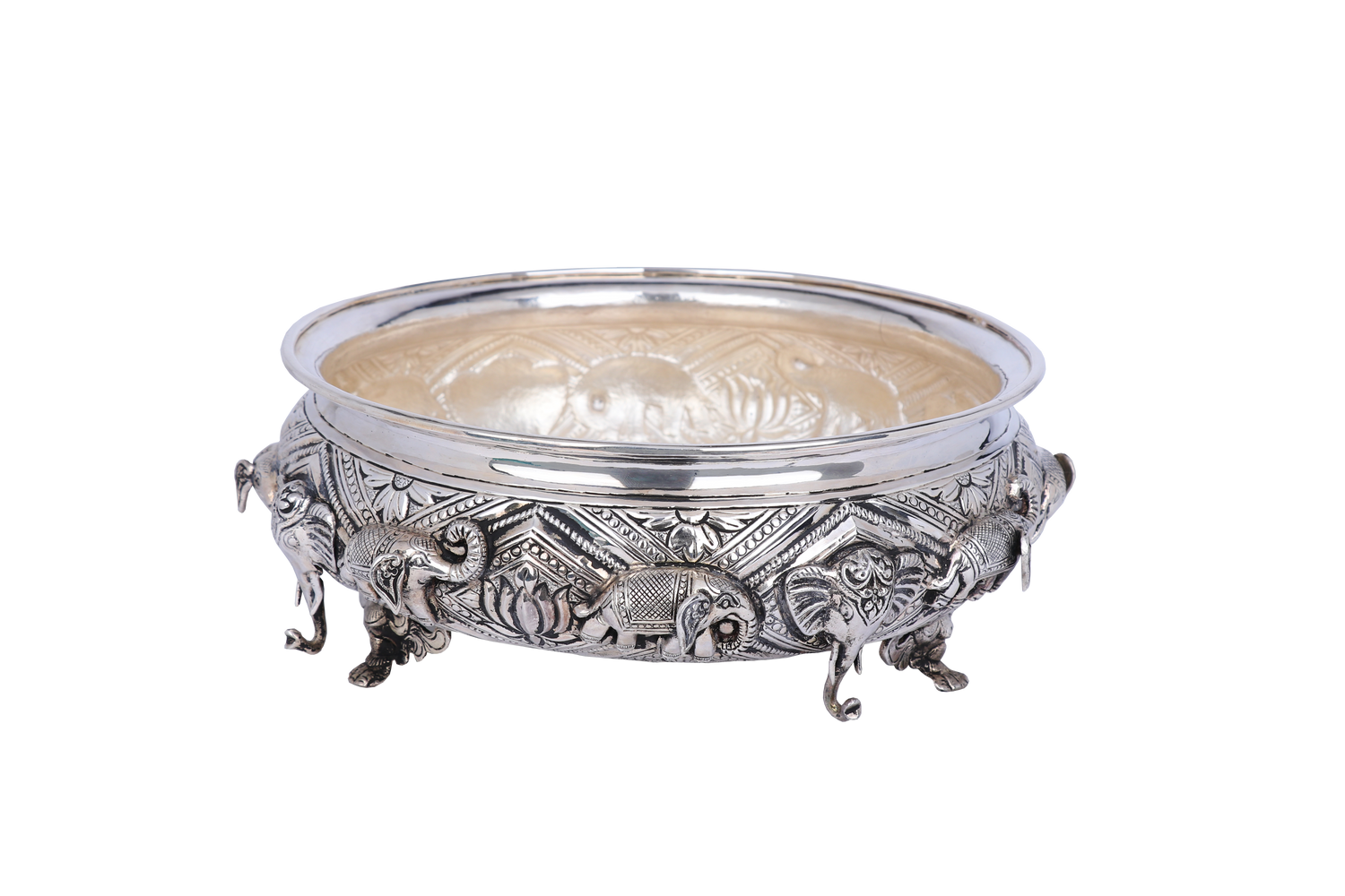 Majestic Elephant-Footed Nakashi Urli – Grand Silver Temple Offering Bowl (1,448g, H:4" W:11")