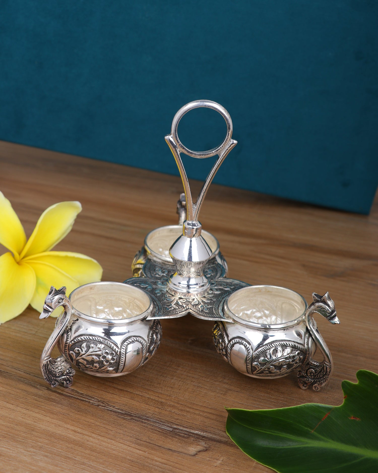 Buy Sterling Silver Peacock Double Deepa Stand – Premium Temple Oil Lamp with Handle (375g)