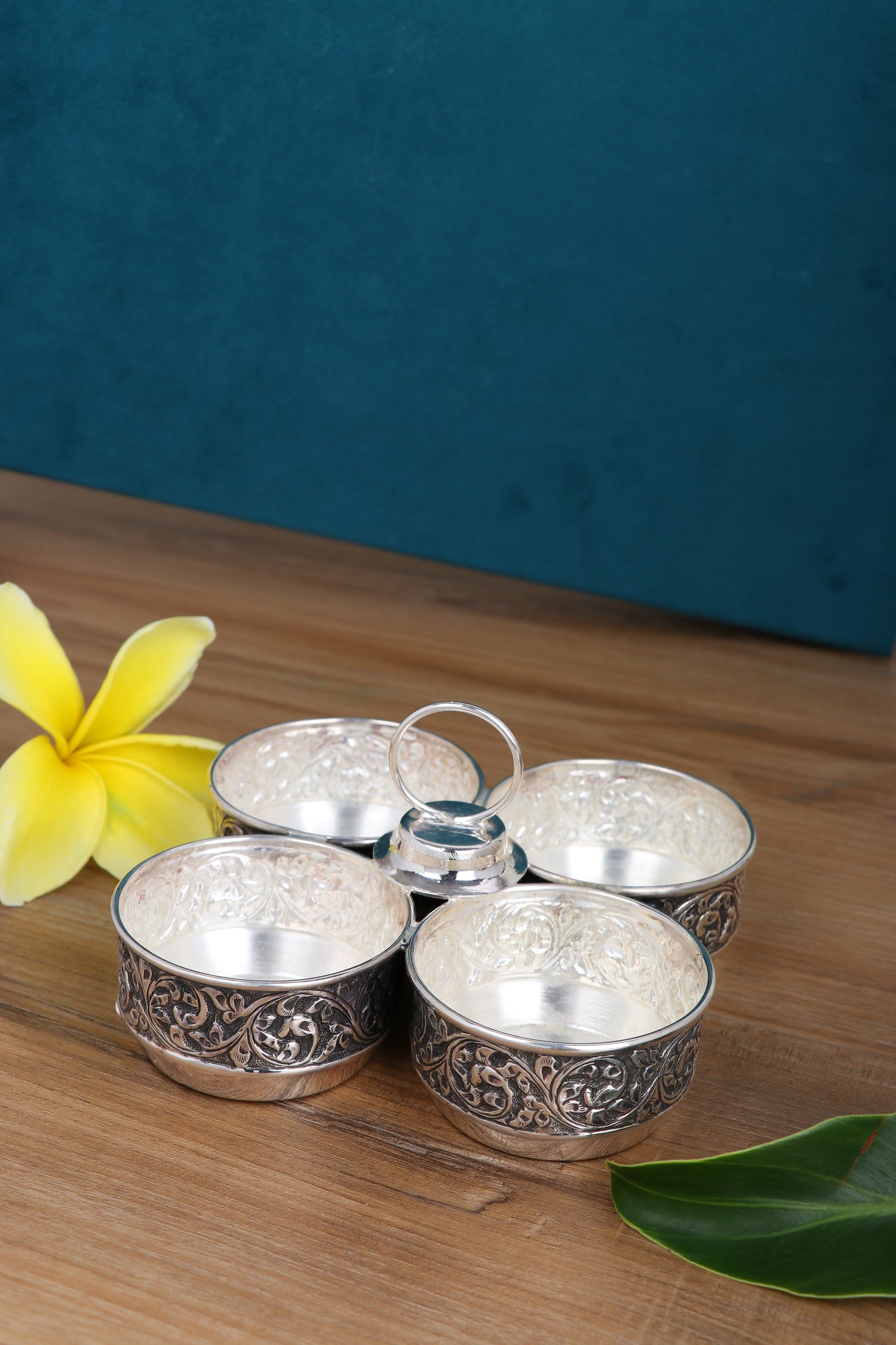 Royal Handcrafted Silver Panchapali Set - Ornate Four-Bowl Serving Collection