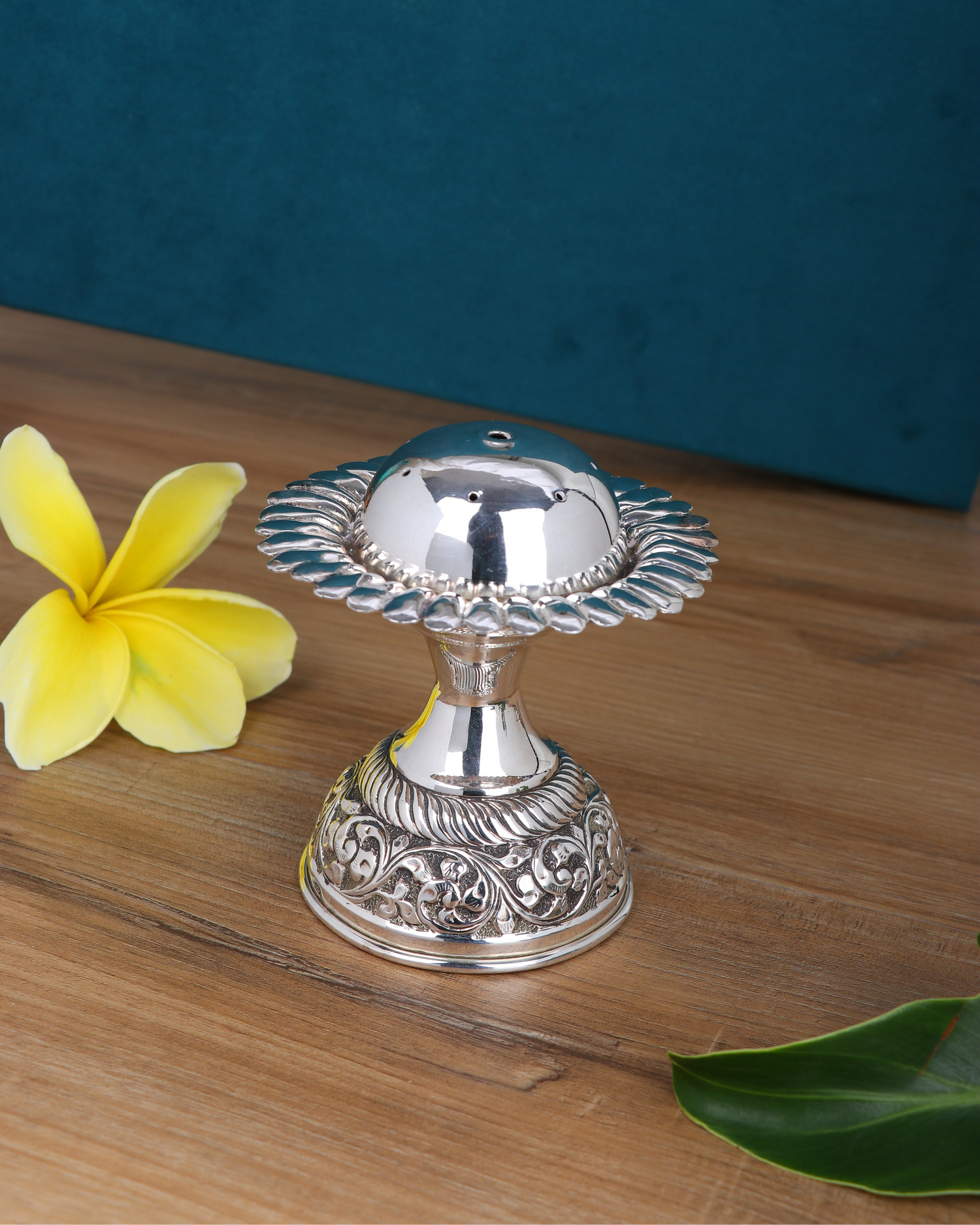 Royal Petal Pedestal Silver Agarbatti stand – Handcrafted Floral Temple Stand