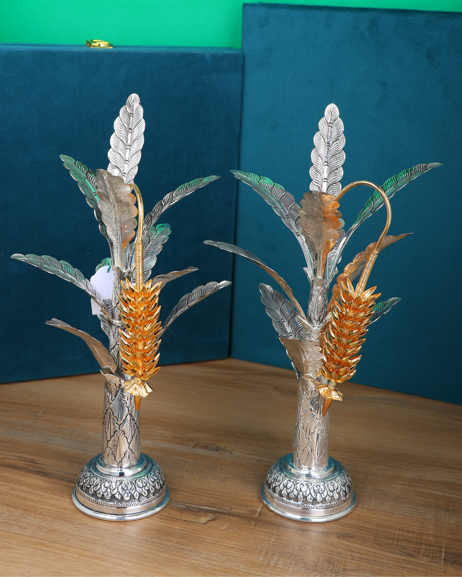 Twin Silver Ritual Kalpavriksha –  Leaf Worship Stands (654g, H:11.4″ W:2.7″)