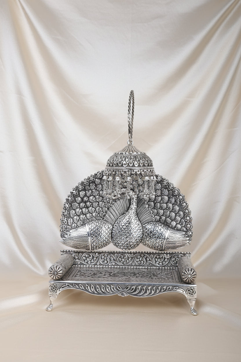 Pure 925 Silver Handcrafted Singhasan (1071g) with Peacock Arch