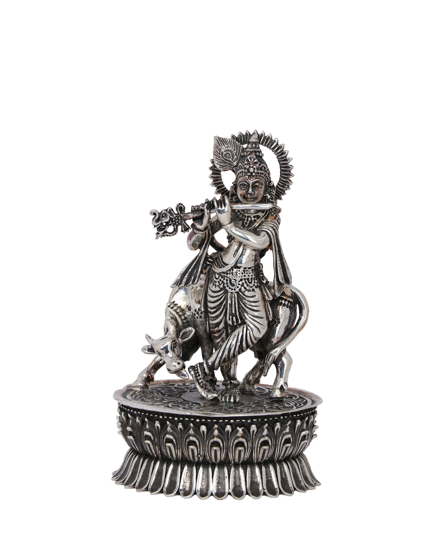 Pure 925 Silver Krishna with Cow Idol – 377g Flute Murti for Pooja