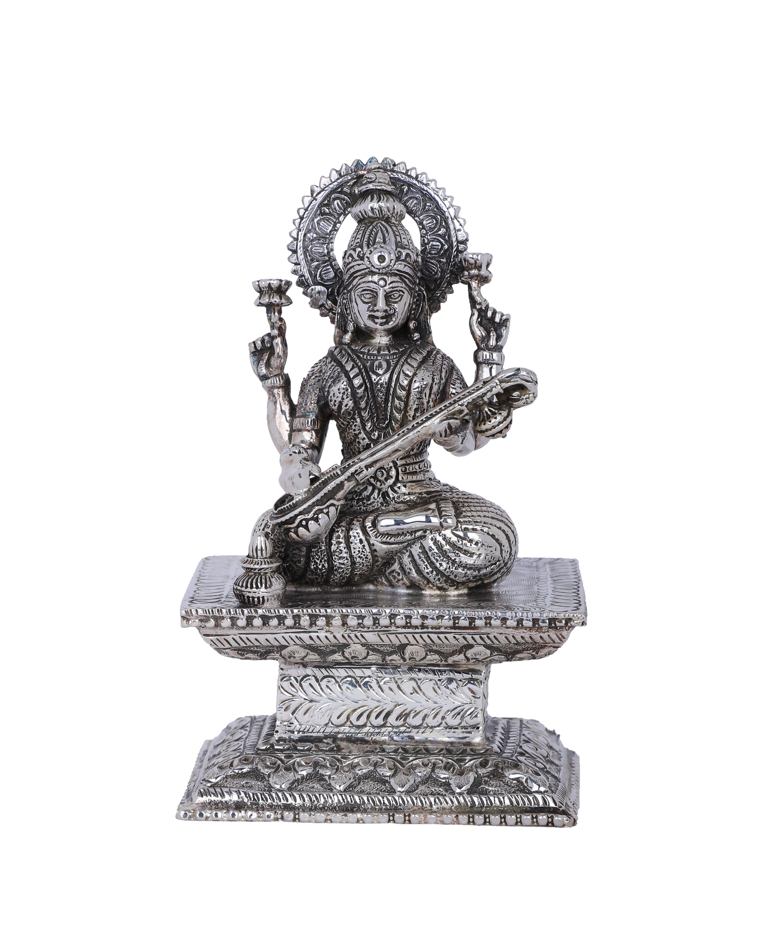 Pure 925 Silver Saraswati Idol – 623g Goddess Wisdom Temple Statue