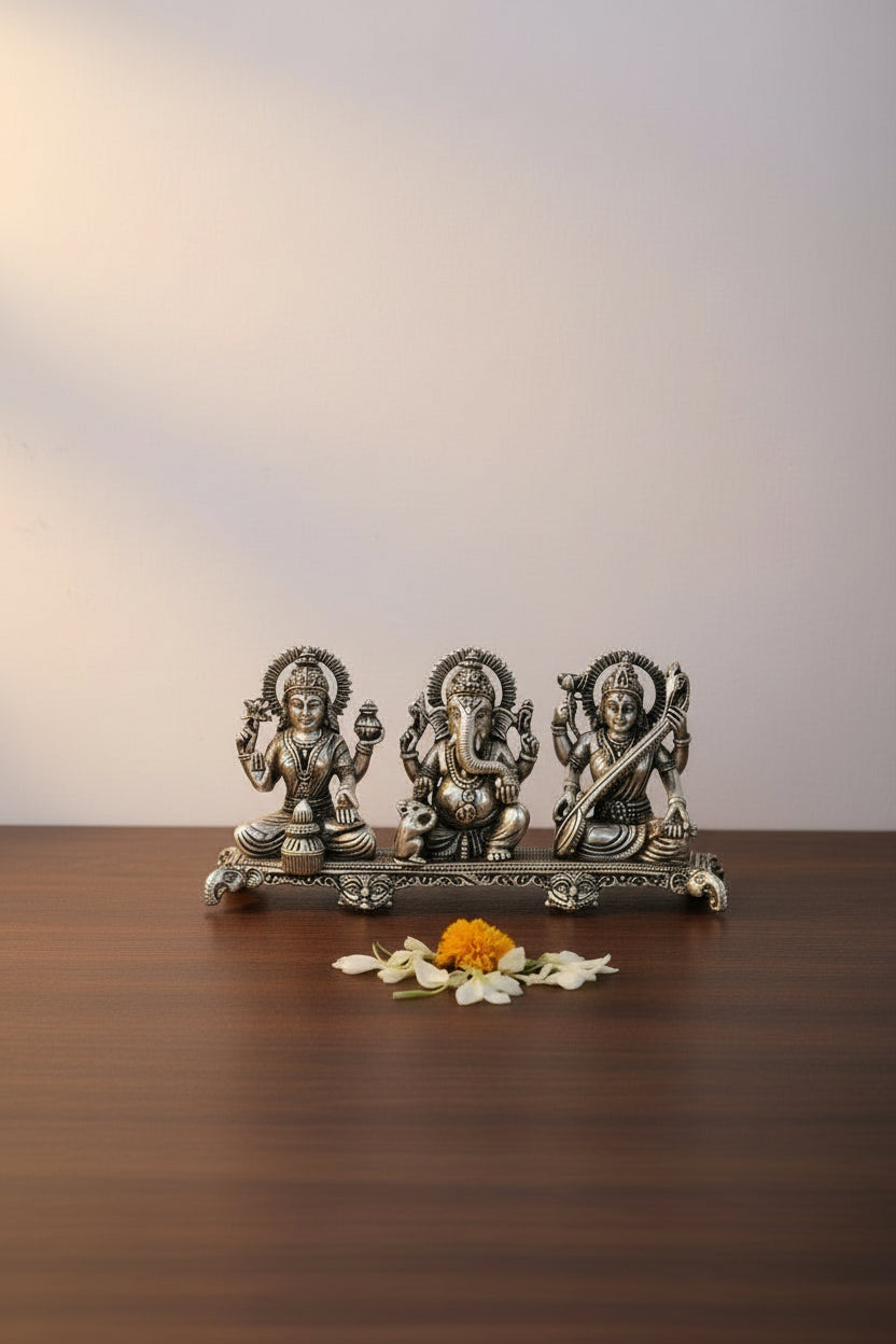 Pure 925 Silver Lakshmi Ganesh Saraswati Idol Trio – 537g Auspicious Set