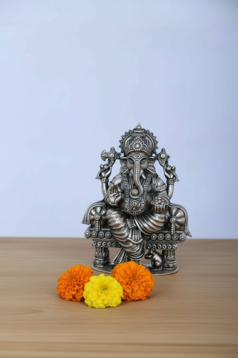 Pure 925 Silver Ganpati on Throne (259g) for Diwali Pooja & Success
