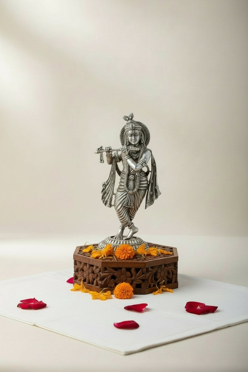 Pure 925 Silver Lord Krishna Murti (120g) with Antique Finish for Altar