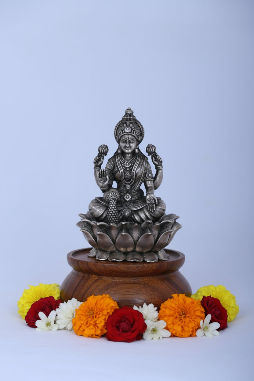 Seated Laxmi Murti on Lotus (213g) Antique Finish