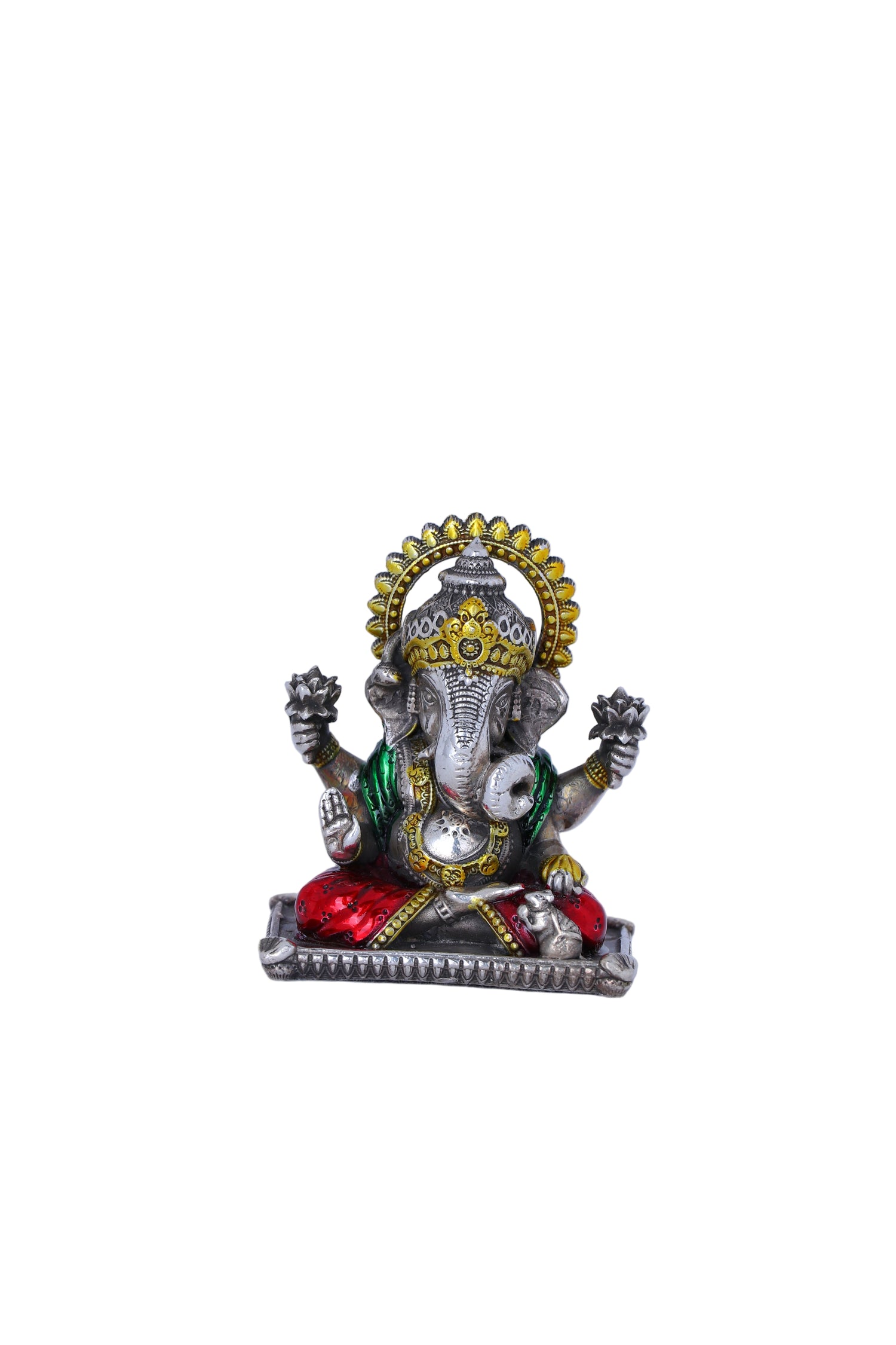 Ganpati Idol 925 Silver Gold Plated (113g) Handcrafted Enameled
