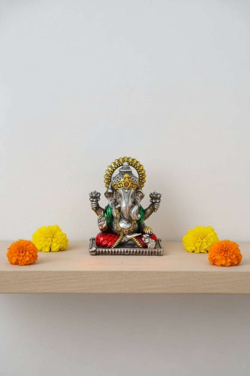 Ganpati Idol 925 Silver Gold Plated (113g) Handcrafted Enameled