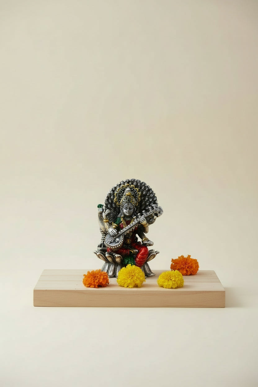 925 Silver Gold Plated Saraswati Idol (144g) Enameled Finish