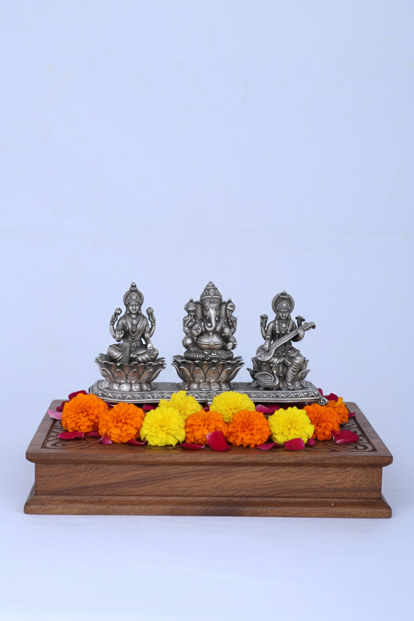 925 Silver Laxmi Ganesh Saraswati Murti (532g) Antique Finish