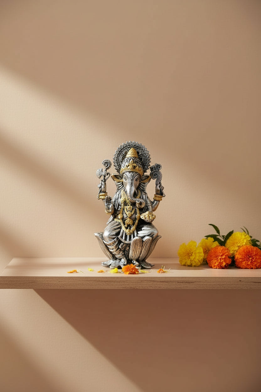 Massive Pure 925 Silver Ganesha Murti with Gold Plating for Pooja
