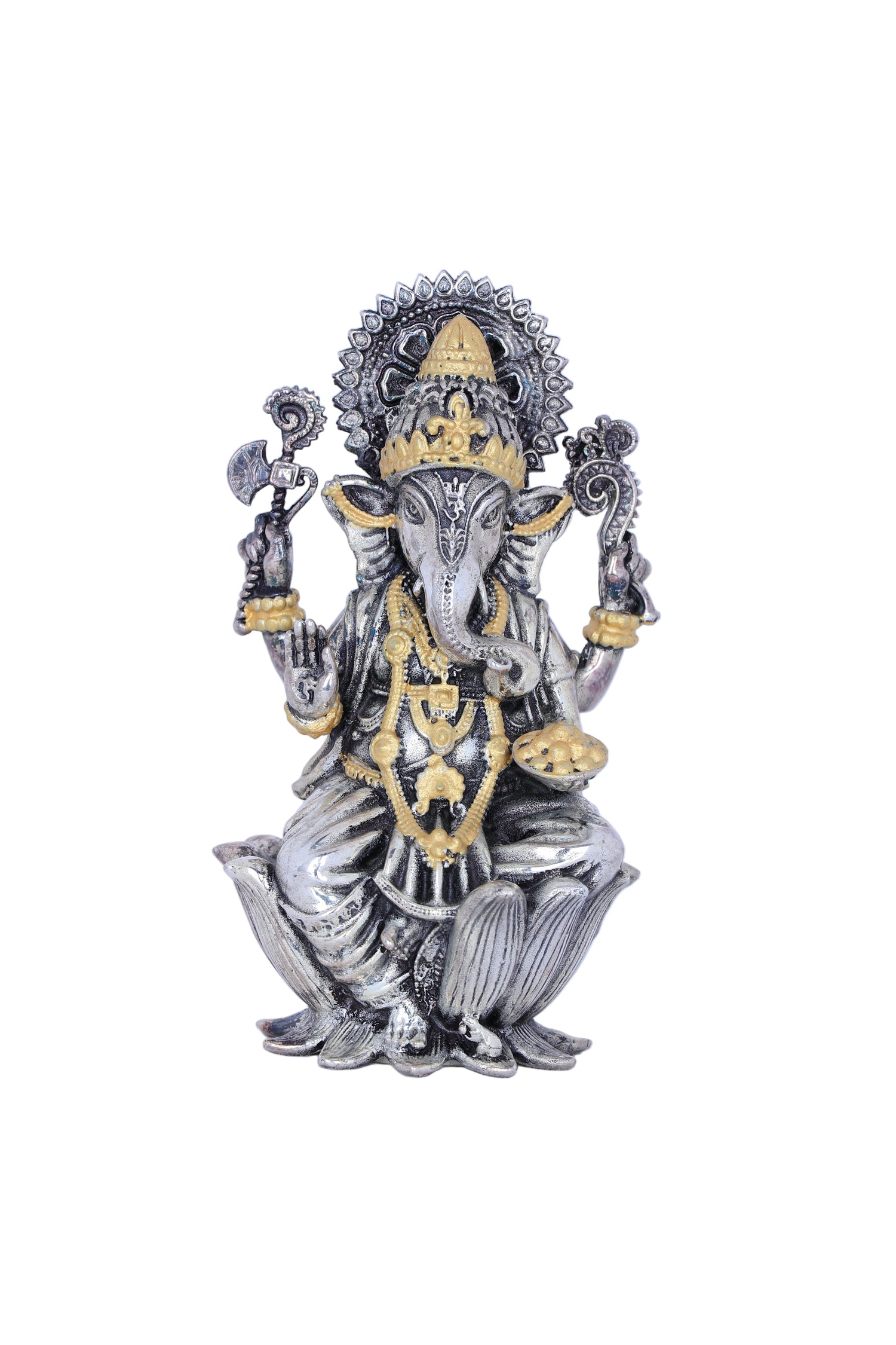 Massive Pure 925 Silver Ganesha Murti with Gold Plating for Pooja