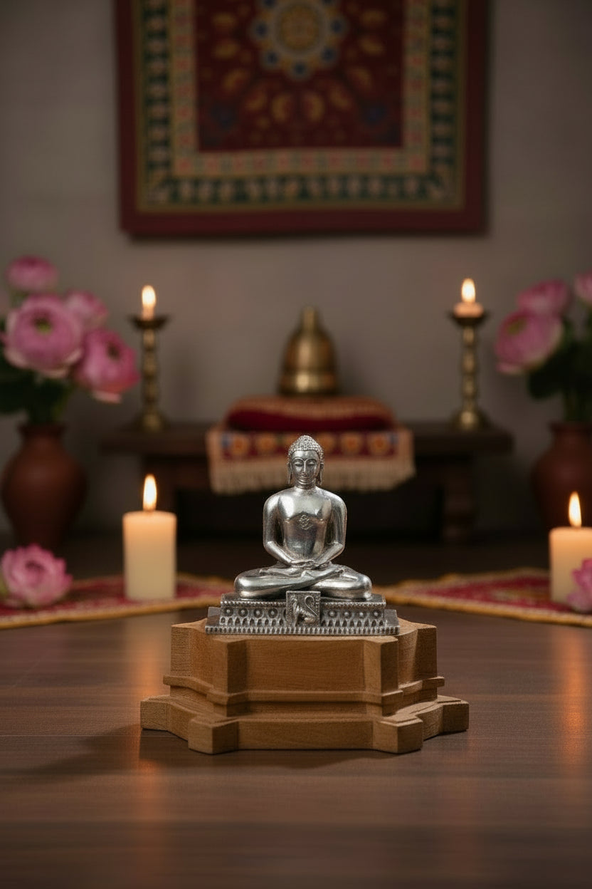 Pure 925 Silver Lord Mahavir Statue (203g) for Peace & Ahimsa