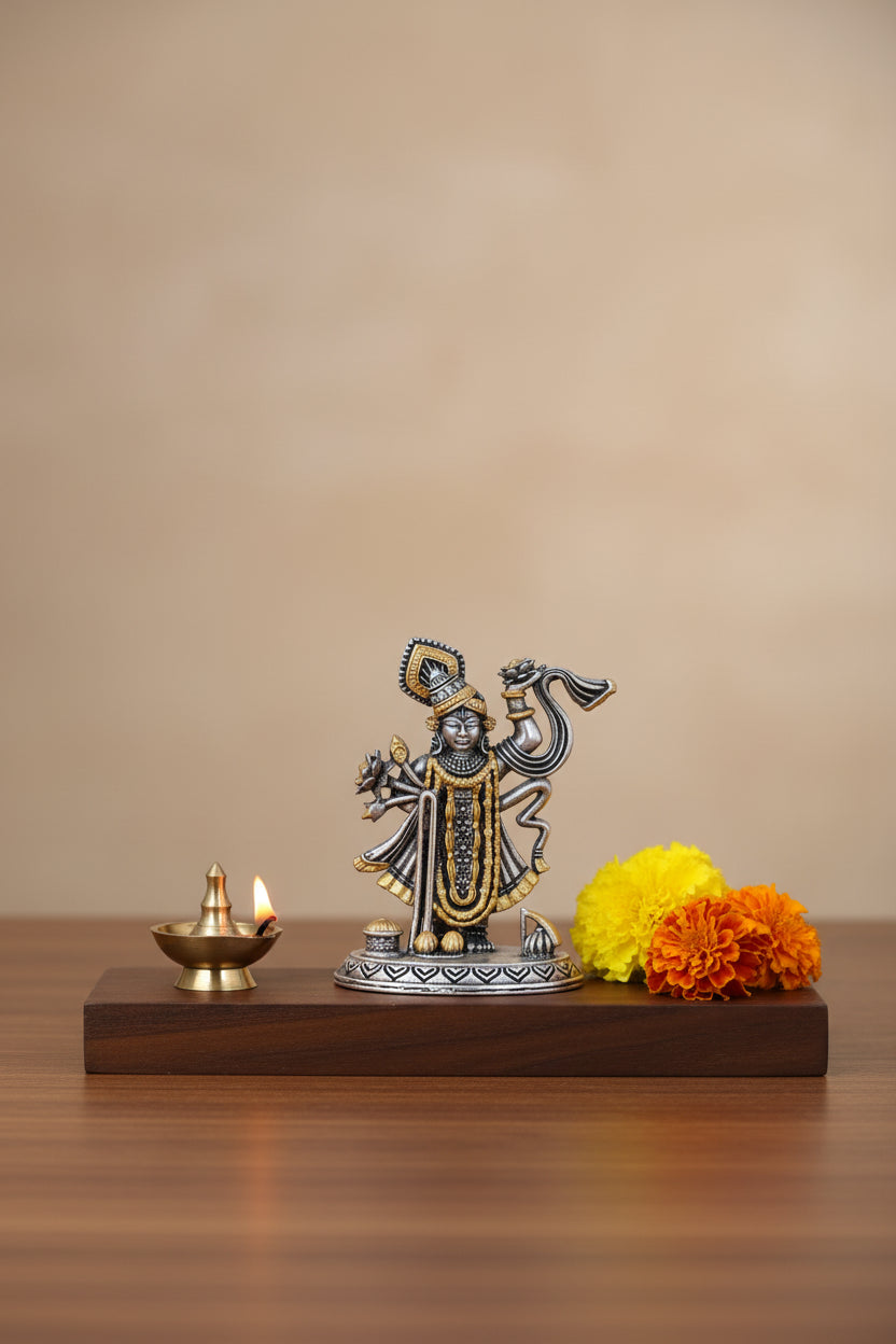 Pure Silver Shrinathji Idol (74g) - Gold Plated - Pooja Mandir