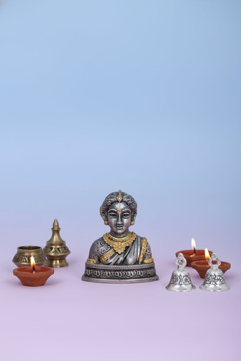 Pure 925 Silver Goddess Idol Bust with Gold Plating for Pooja