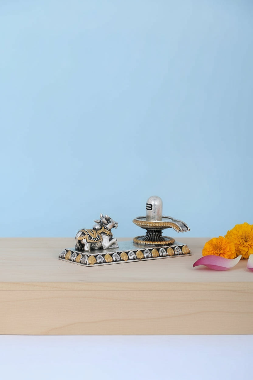 Pure Silver Lingam Nandi Set (150g) Gold Plated for Abhishekam