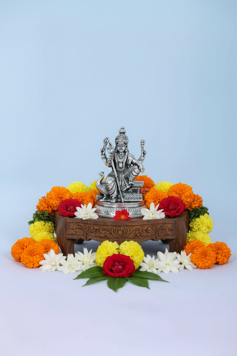 Pure 925 Silver Skanda Murti (46g) with Vel for Home Temple