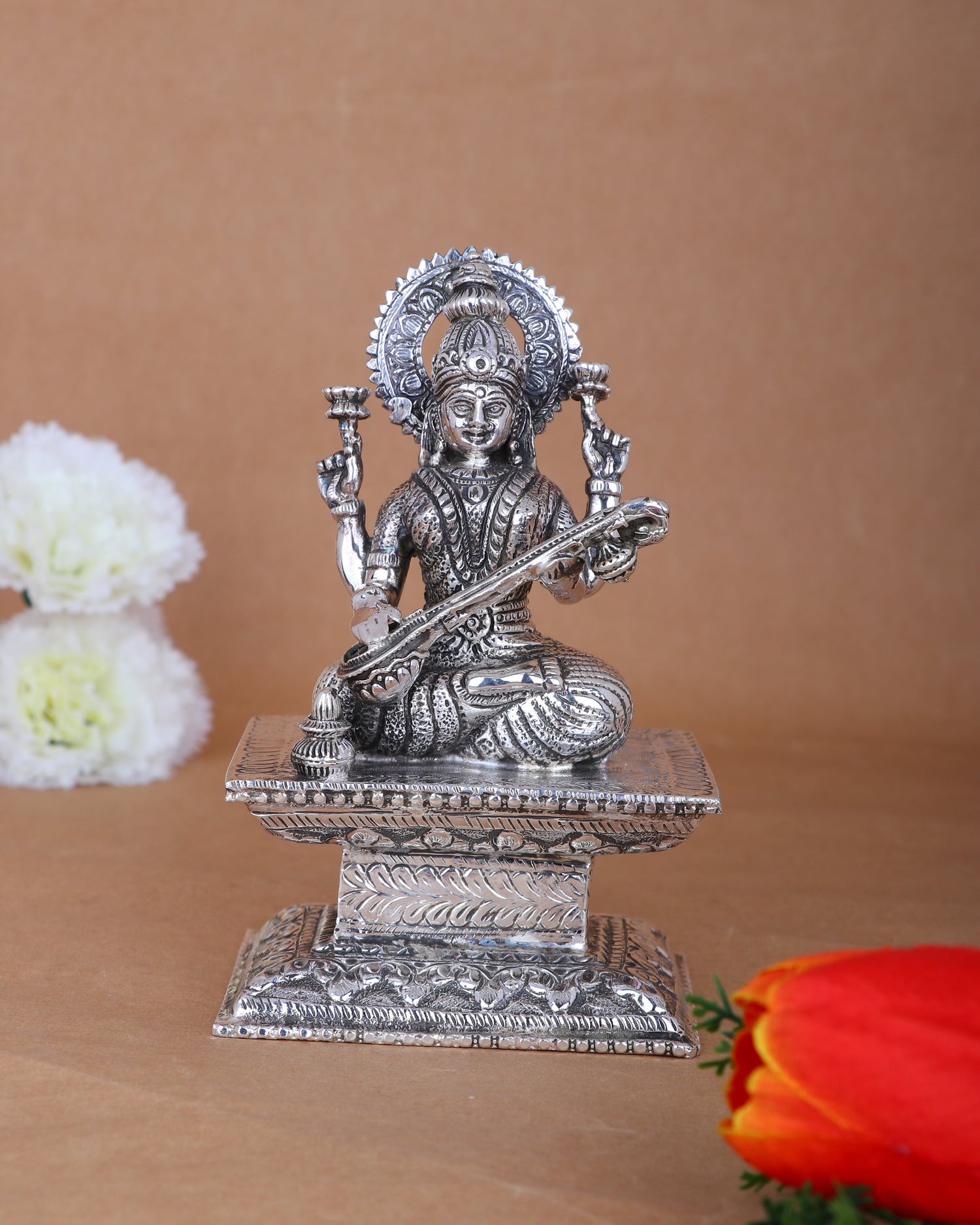 Pure 925 Silver Saraswati Idol – 623g Goddess Wisdom Temple Statue