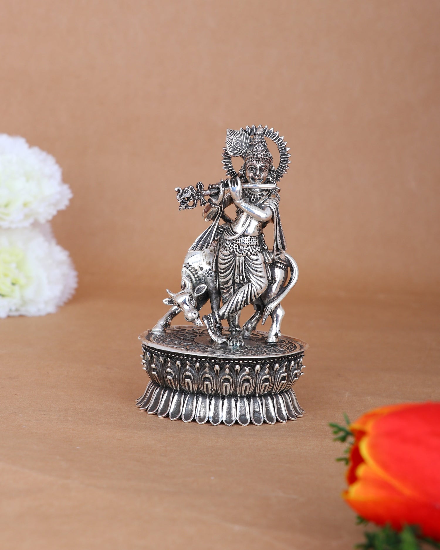 Pure 925 Silver Krishna with Cow Idol – 377g Flute Murti for Pooja